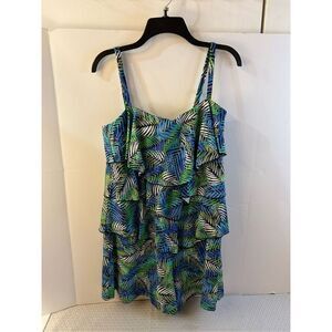 Fit 4 U Slimming Bathing suit romper shorts size 14 blue green ruffles 1 piece